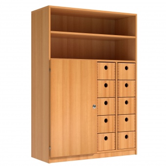 Schrank mit 10 Massivholzkästen, 144 cm hoch, 100x40 cm (B/T), Regalaufsatz, Tür 